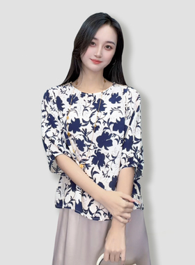100桑蚕丝真丝双绉墨染蓝花国风印花五分袖桑蚕丝T恤上衣SYW04