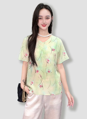 100桑蚕丝真丝双绉浅绿碎花短袖V领印花宽松桑蚕丝T恤上衣DXE01