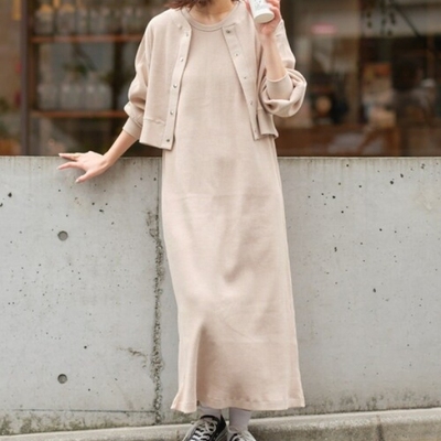 彬彬家~日本单潮货螺纹棉连衣裙中长款直筒裙长袖短款夹克纯色衣