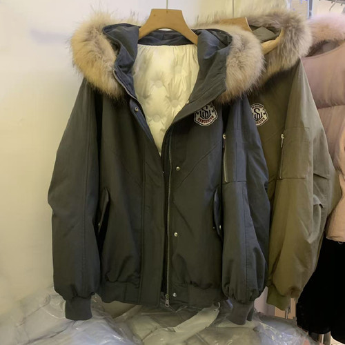 可脱卸真毛领连帽派克羽绒服