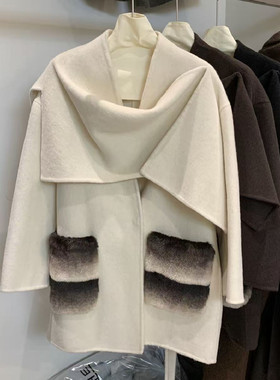 围巾披肩V领羊毛双面呢大衣