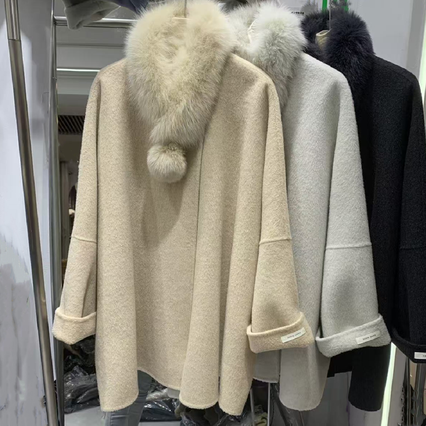 球球狐狸毛围脖斗篷羊毛双面呢大衣女2025秋冬新款宽松中长款外套
