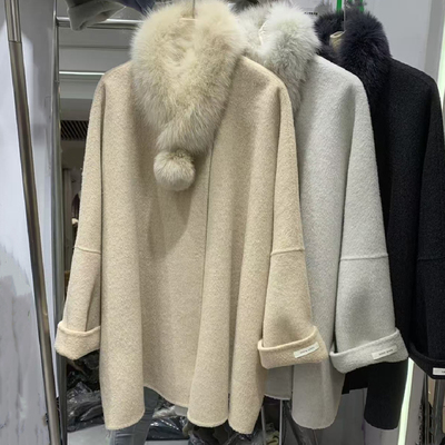 狐狸毛围脖斗篷羊毛双面呢大衣