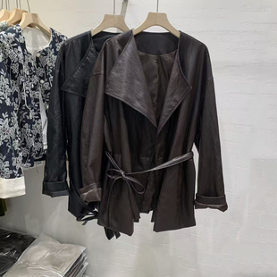 中长外套潮 时尚 欧货翻领宽松系带收腰PU蛋白皮风衣女2025秋季 新款