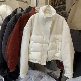 重工烫钻呢料拼接短款羽绒服女2025冬季新款宽松百搭白鸭绒外套潮