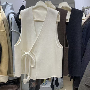 V领系带双面羊毛呢马甲女2025秋冬新款 坎肩上衣 宽松纯色百搭无袖