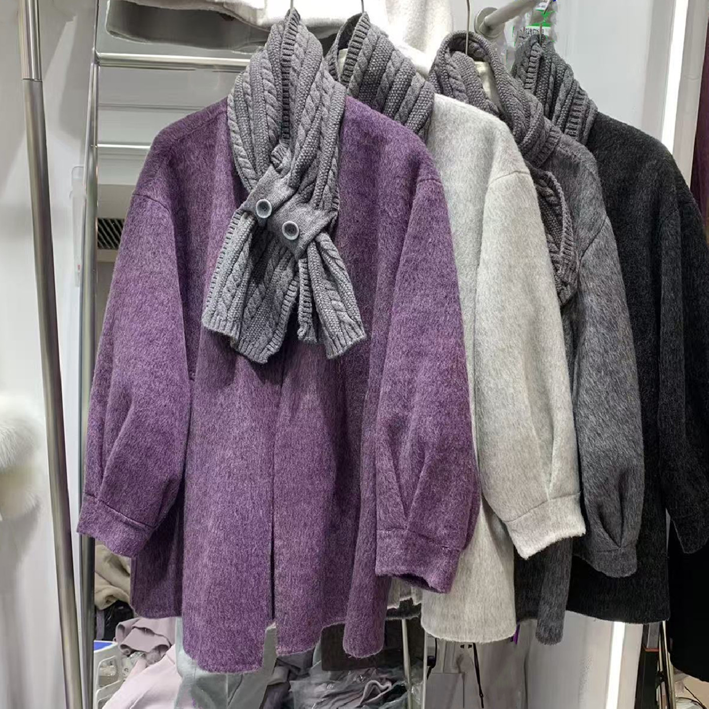 配针织围巾羊毛双面呢大衣女2025秋冬新款宽松圆领中长款毛呢外套,女装/女士精品,毛呢外套,淘宝优惠券,粉丝福利购,淘宝优惠卷