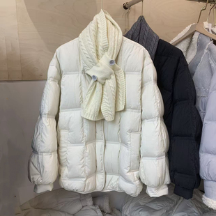配针织围巾圆领褶皱肌理感羽绒服女2025冬季新款宽松白鸭绒外套潮