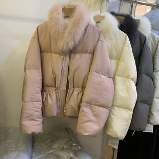 狐狸毛围脖圆领羽绒服女2025冬季新款系绳口袋宽松减龄白鸭绒外套