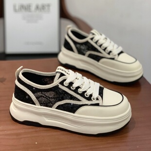 休闲鞋 舒适网面渔夫鞋 百搭透气休闲系带小白鞋 新款 女厚底2025夏季