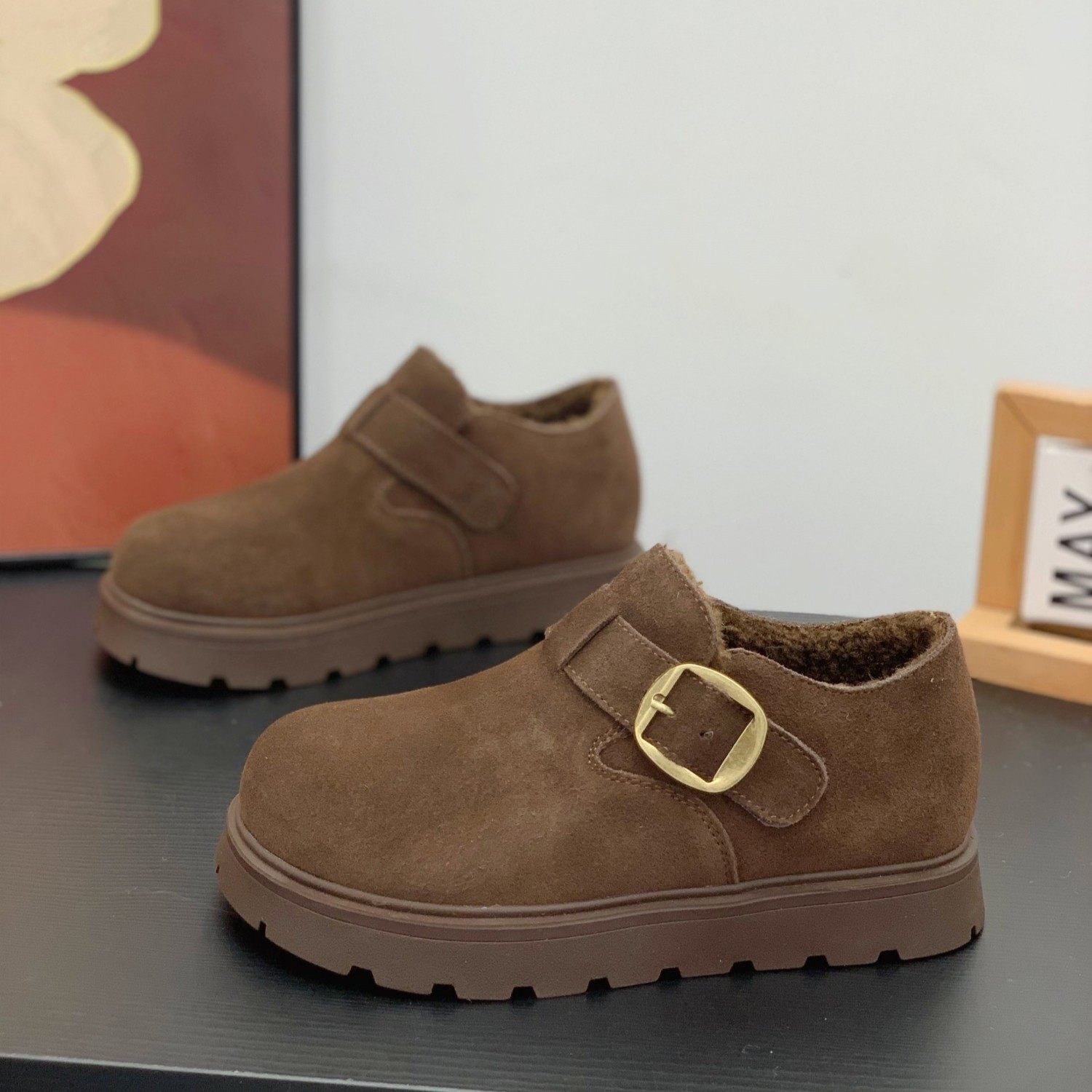 厚底大头勃肯鞋女2025冬季加绒舒适保暖复古绒面魔术贴深口棉鞋子,女鞋,棉鞋,淘宝优惠券,粉丝福利购,淘宝优惠卷