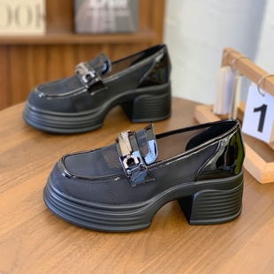 英伦风网纱透气乐福鞋 女2025夏季 新款 厚底增高一脚蹬轻便浅口单鞋