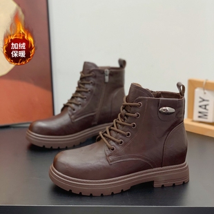 内增高显脚小系带马丁靴女2025冬季加绒通勤高级感复古英伦风短靴