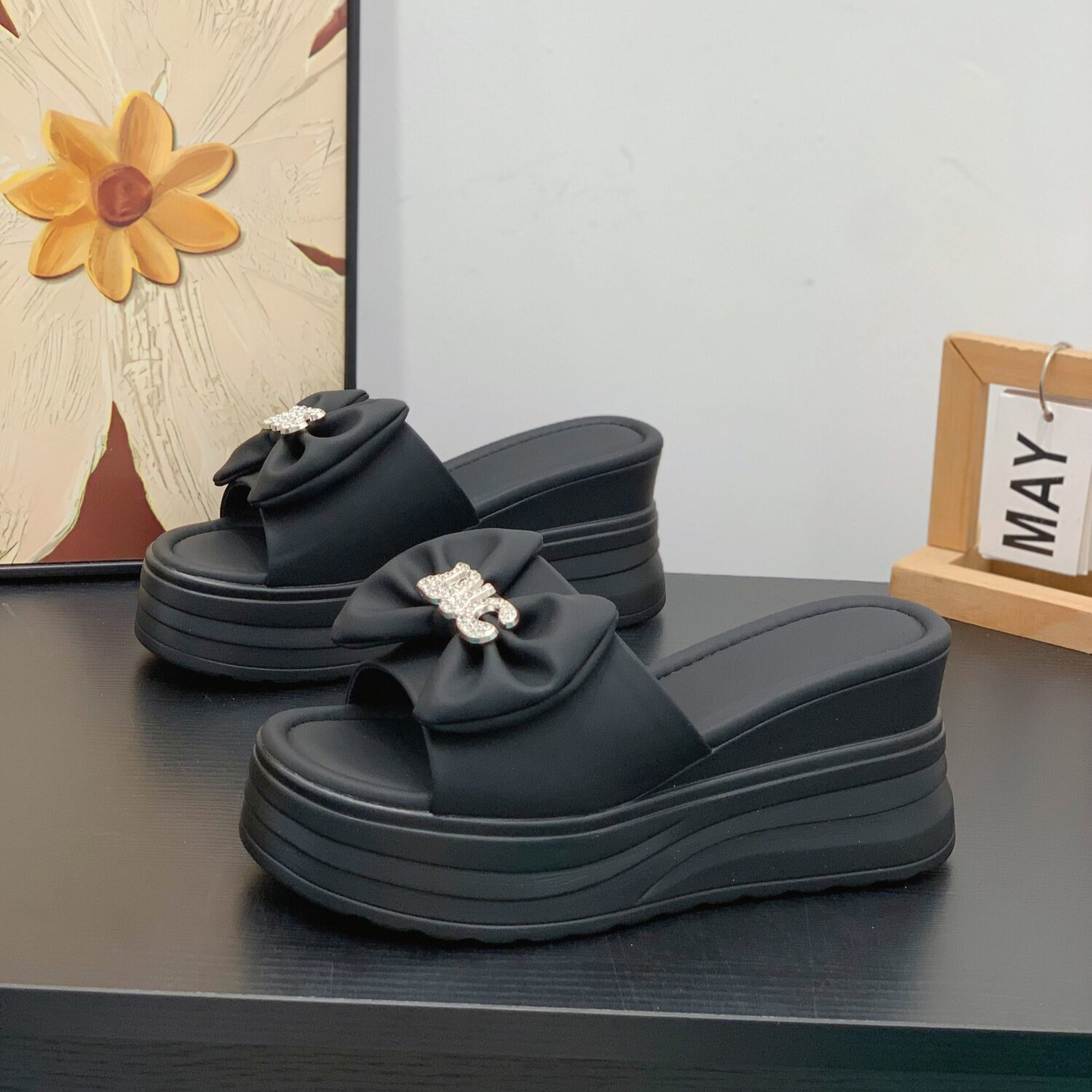 厚底坡跟凉拖鞋女夏外穿2026新款小个子增高7cm蝴蝶结沙滩一字拖