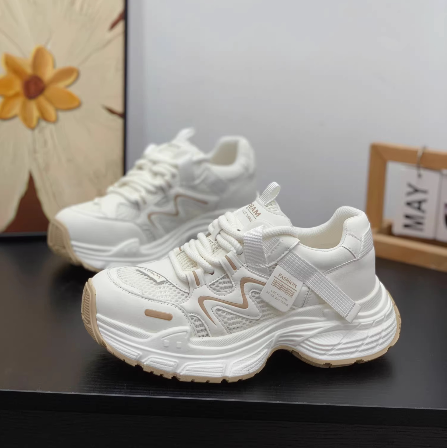 单网透气夏季新款真皮老爹鞋女2026超火不规则圆头厚底增高运动鞋