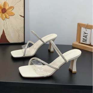 方头绝美凉拖鞋 仙女风透明带一字拖女夏外穿2026新款 细跟7cm法式