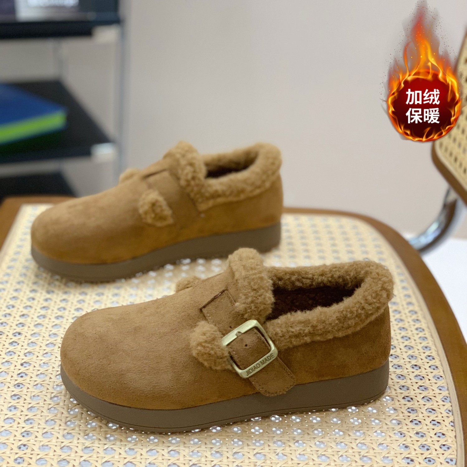 平底勃肯鞋女冬季保暖加绒棉鞋2025超火复古绒面百搭显脚小毛毛鞋