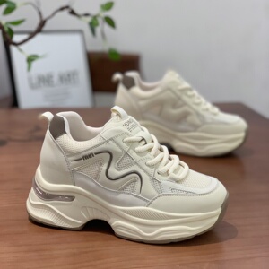 网面真皮老爹鞋女2024年秋季新款厚底增高舒适百搭轻便休闲运动鞋