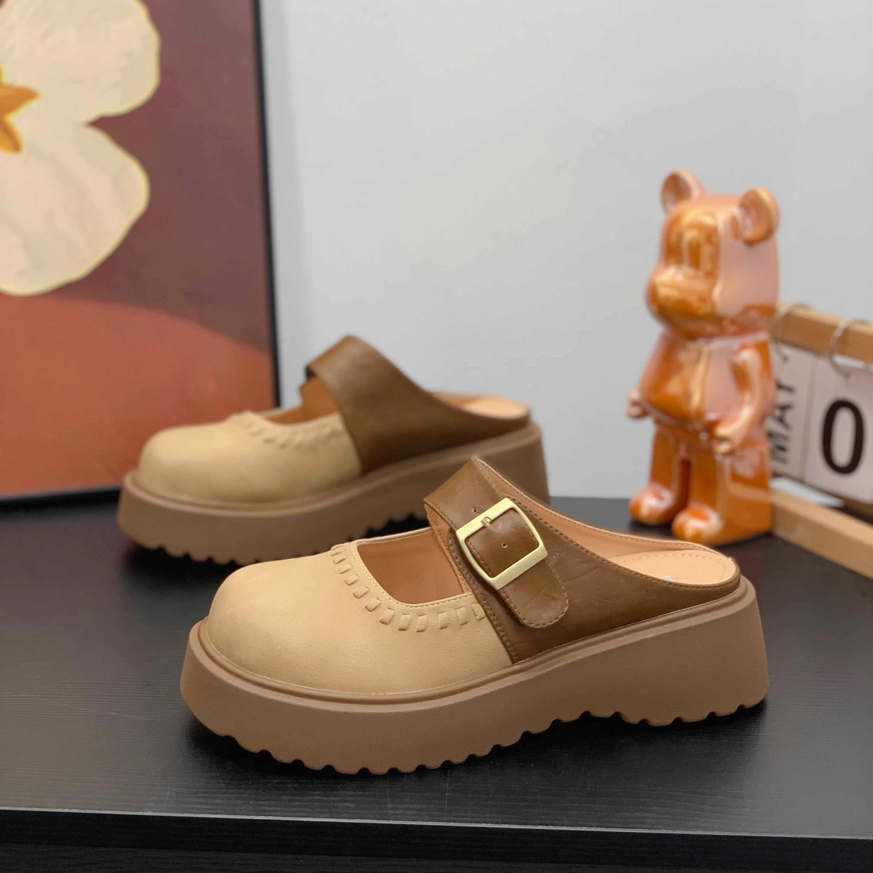 丑萌大头半拖鞋小个子女2026春夏新款增高厚底浅口勃肯鞋包头拖鞋
