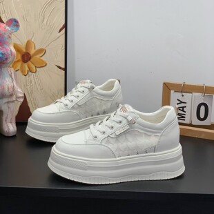 厚底增高6cm休闲轻便松糕板鞋 女2026新款 镂空网纱真皮小白鞋 夏季