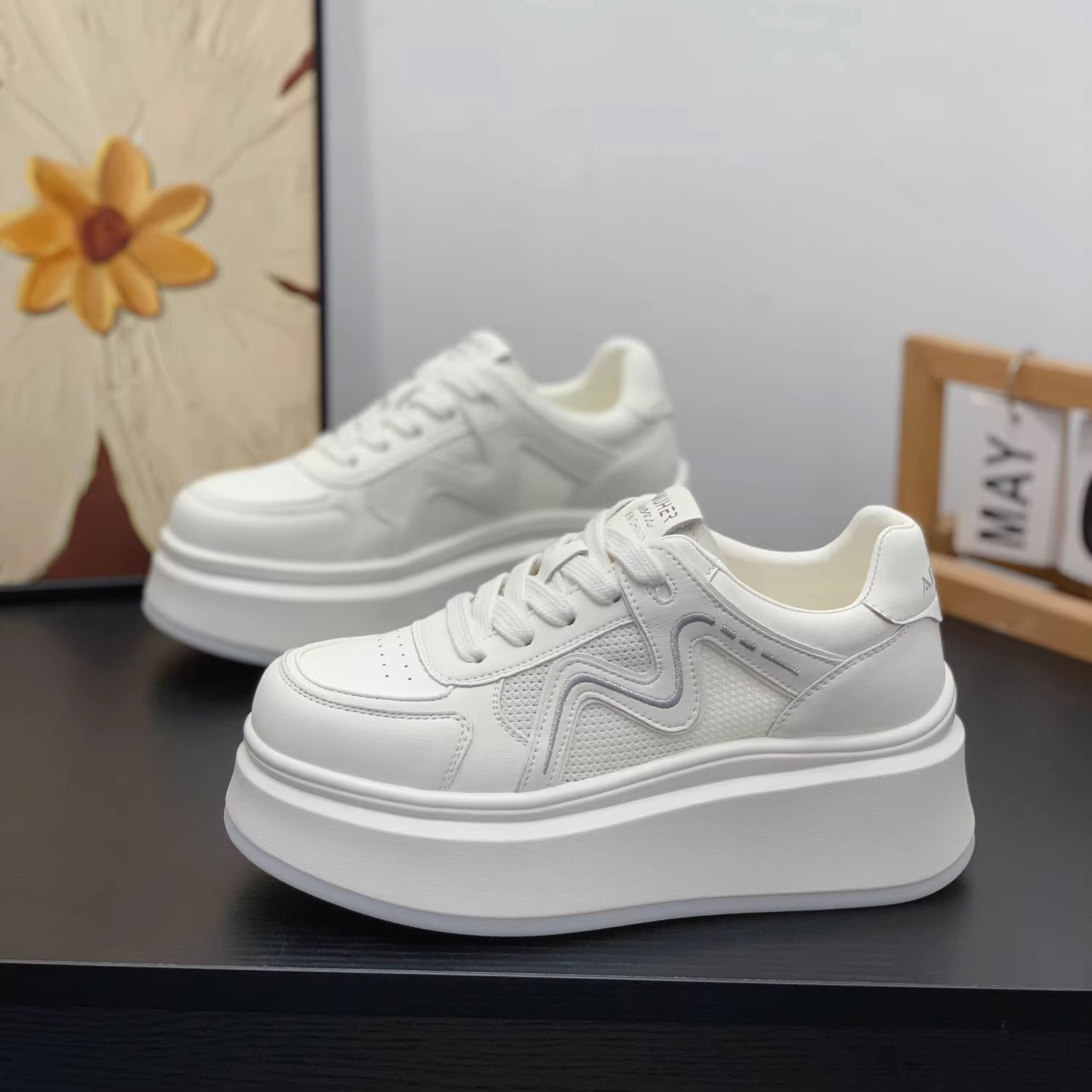 厚底增高6CM松糕鞋透网真皮小白鞋小个子女2026夏季新款休闲板鞋