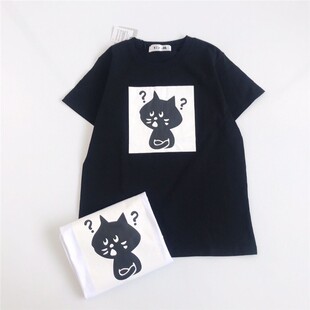 日系 夏季新款 惊讶猫 问号印花图案休闲宽松短袖情侣T恤 男女
