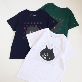 25日系夏季新款 惊讶猫合作款印花短袖圆领情侣T恤衫 男女