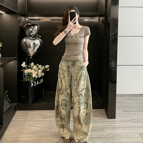 复古街头减龄休闲时尚套装女夏洋气短袖T恤阔腿弯刀牛仔裤两件套