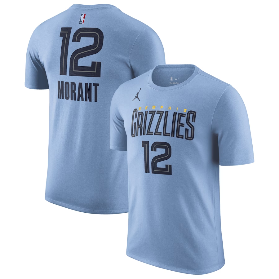 美国代购Jordan灰熊队莫兰特城市版T恤球员短袖浅蓝色Ja Morant