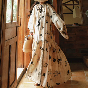 麦叙原创《蔷薇花叙》法式慵懒风V领系带印花连衣裙宽松长裙