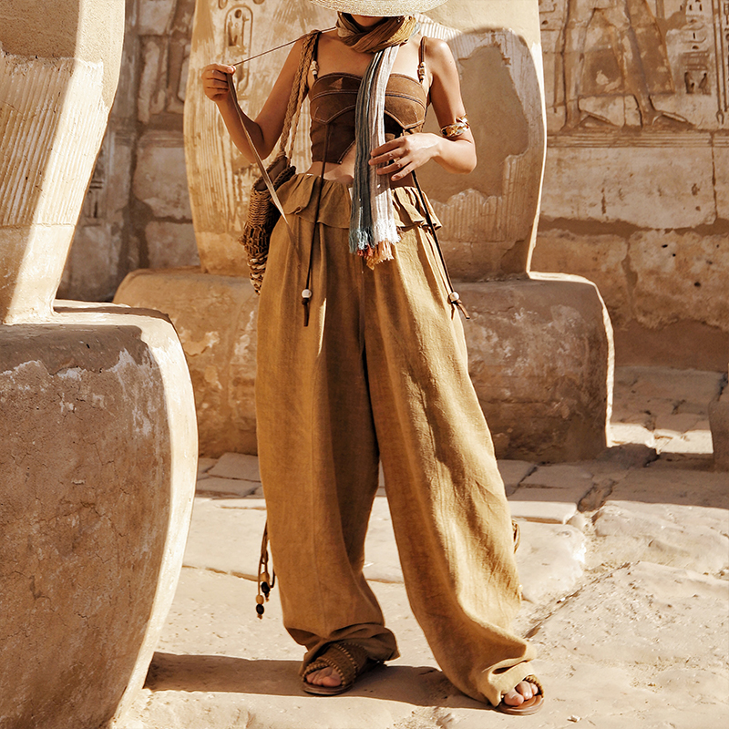 流浪嬉皮风荷叶边抽绳绑带阔腿裤