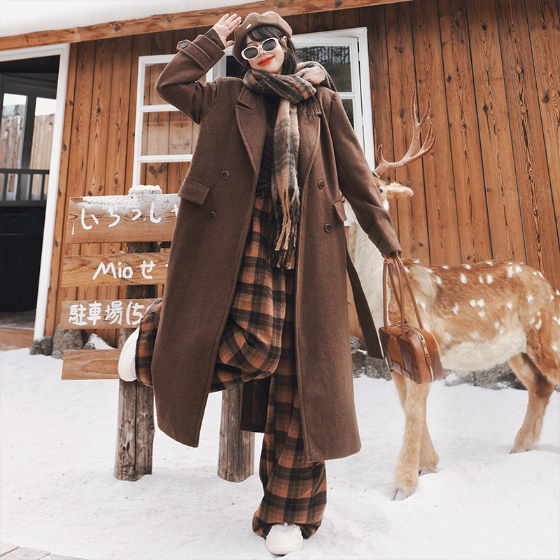 复古棕咖色毛呢外套女长款大衣