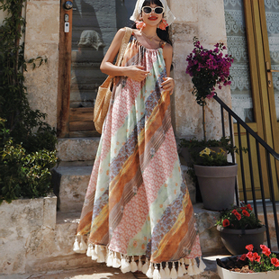 麦叙原创《多彩假日》法式海岛度假风条纹印花流苏吊带连衣裙长裙