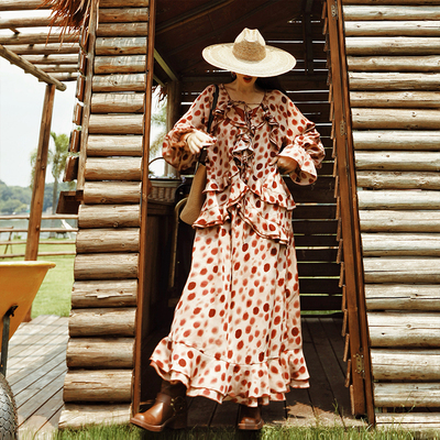 麦叙原创法式复古红色波点连衣裙