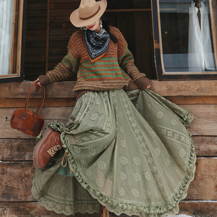 麦叙原创《薄荷茶》复古草木绿蕾丝提花流苏半身裙a字大摆裙