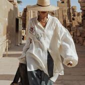 条纹衬衫 麦叙原创 度假风玫瑰刺绣宽松长袖 法式 上衣 雾都玫瑰