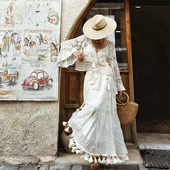 琉璃剪纸 宽松罩衫 法式 针织衫 度假风钩花镂空V领喇叭袖 麦叙