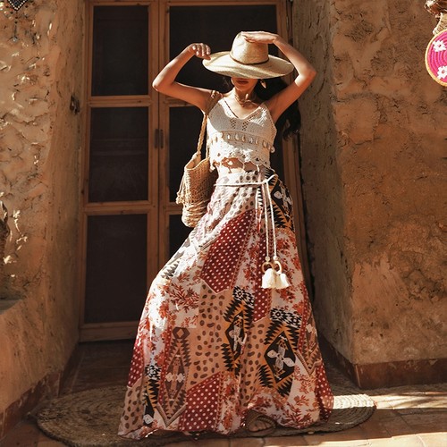 波西米亚度假风开叉印花半身长裙