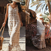 麦叙原创 无尽夏 波西米亚度假风钩花镂空网纱针织吊带连衣裙夏