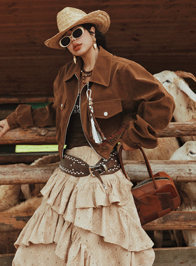 麦叙原创《暮野拾光》复古棕咖色美拉德风麂皮绒短外套夹克上衣秋