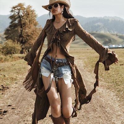 废土风不规则荷叶边长款针织开衫