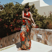 度假风油画印花缎面半身裙长裙一片式 法式 裹裙 慕夏 麦叙原创