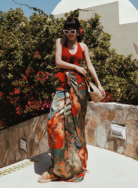 麦叙原创《慕夏》法式度假风油画印花缎面半身裙长裙一片式裹裙