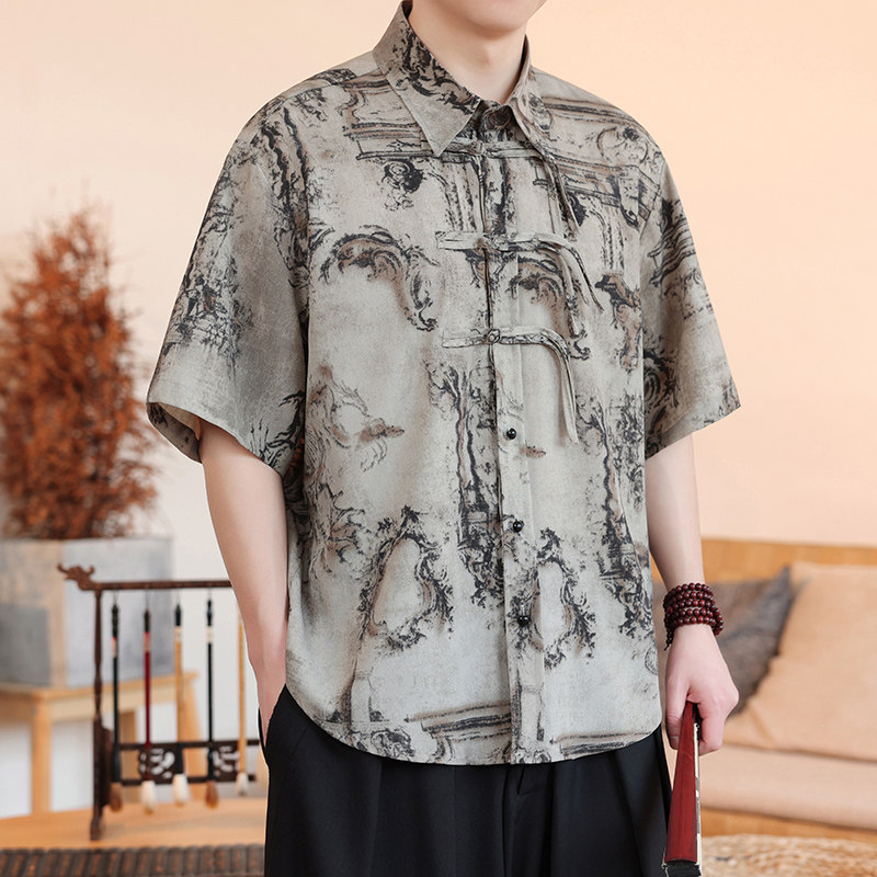 新中式C盘扣短袖衬衫男汉服唐装中山装树叶印花外套CS68-P70控98,男装衬衫,电商A005