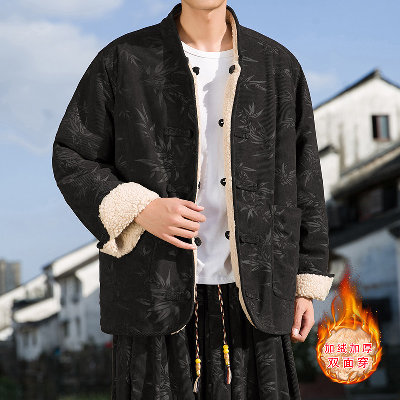 新中式B树叶灯芯绒羊羔毛加绒加厚双面穿棉服夹克JK15-P135控158,男装夹克,电商A005