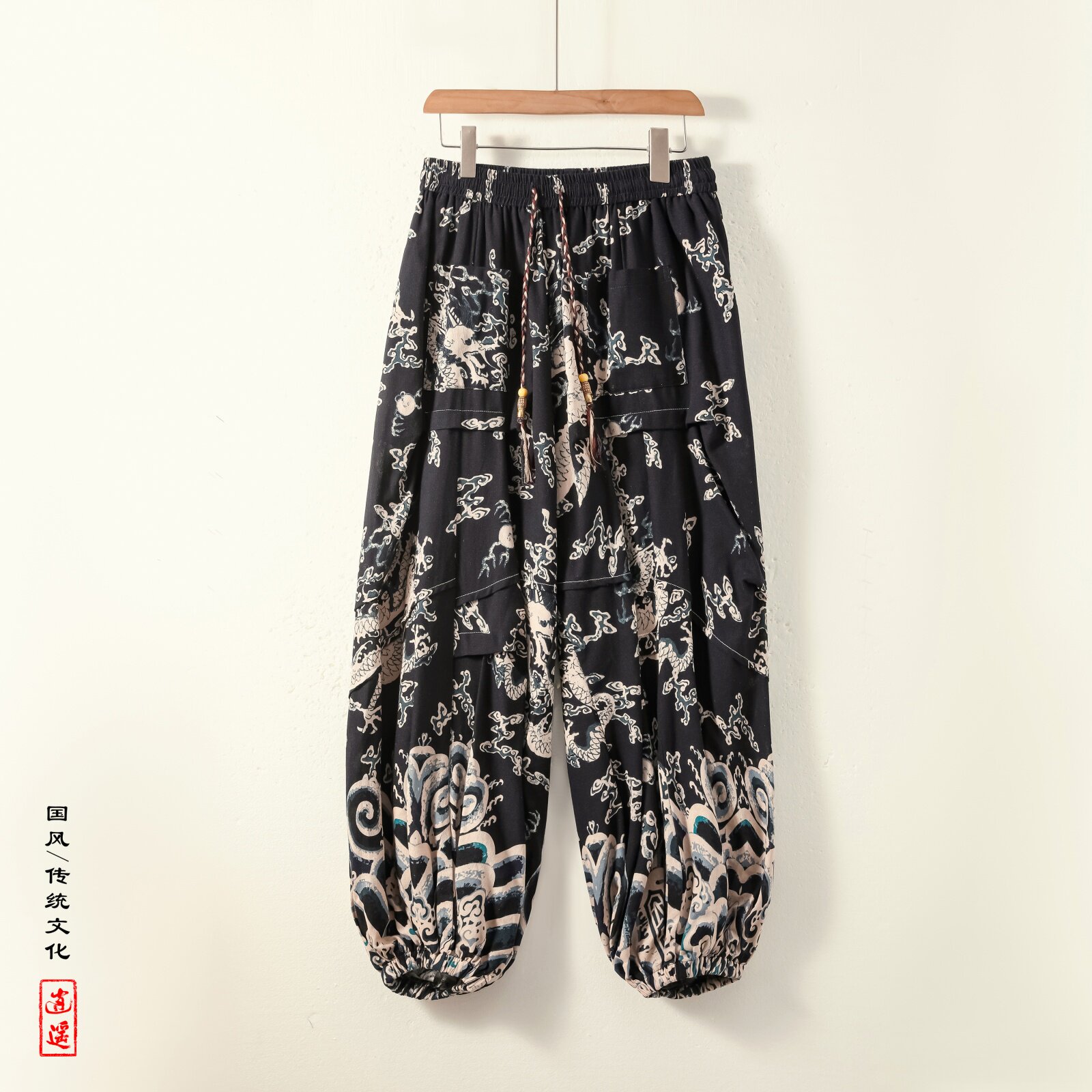 8XL超大码风龙纹沙滩裤男阔腿裤折褶九分裤长裤K267-P68控88，男装休闲裤，电商A005