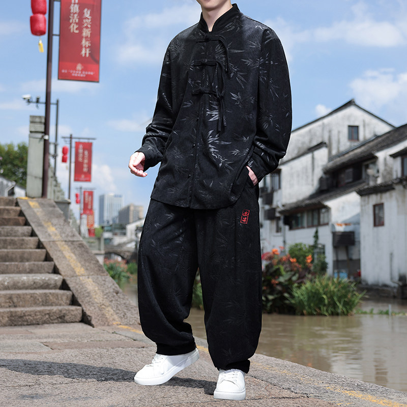 风R盘扣树叶暗花灯芯绒衬衫夹克阔腿裤套装男TZ121-P136控158图片