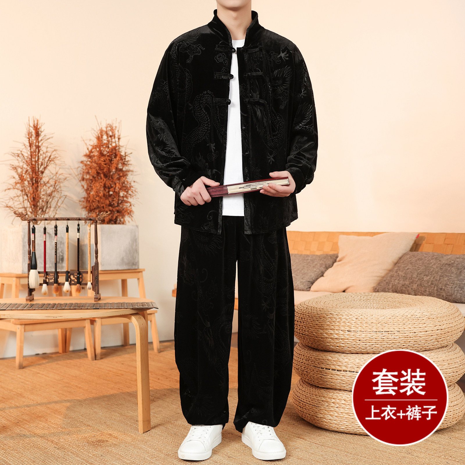 盘扣小众设计J龙纹金丝绒夹克阔腿裤风套装男TZ179-P136控158,男装休闲套装,电商A005