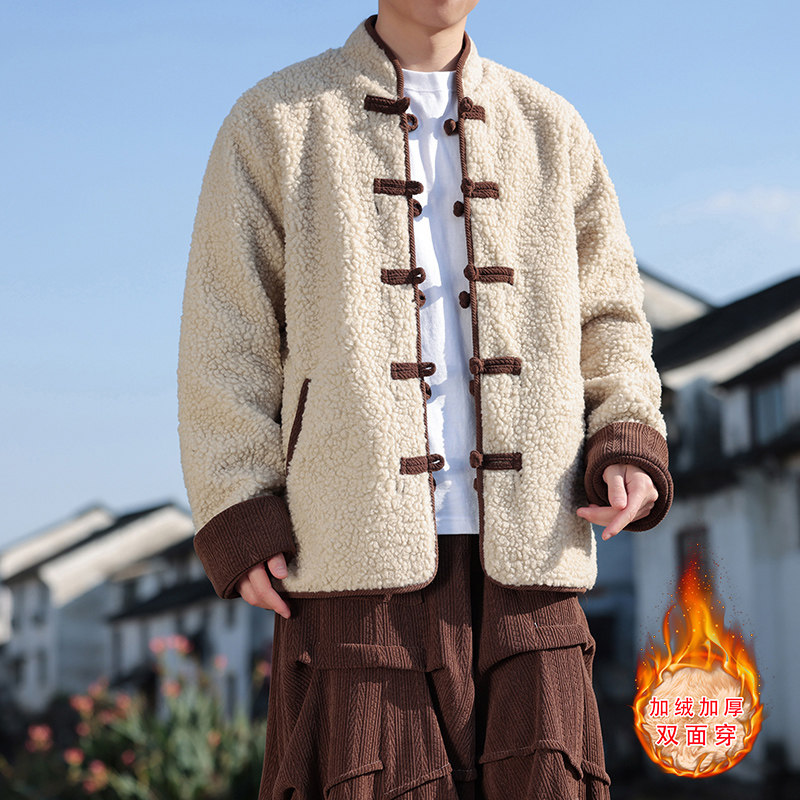 新中式U麦穗羊羔毛加绒加厚双面穿棉服夹克棉衣男JK21-P135控158,男装棉衣,电商A005