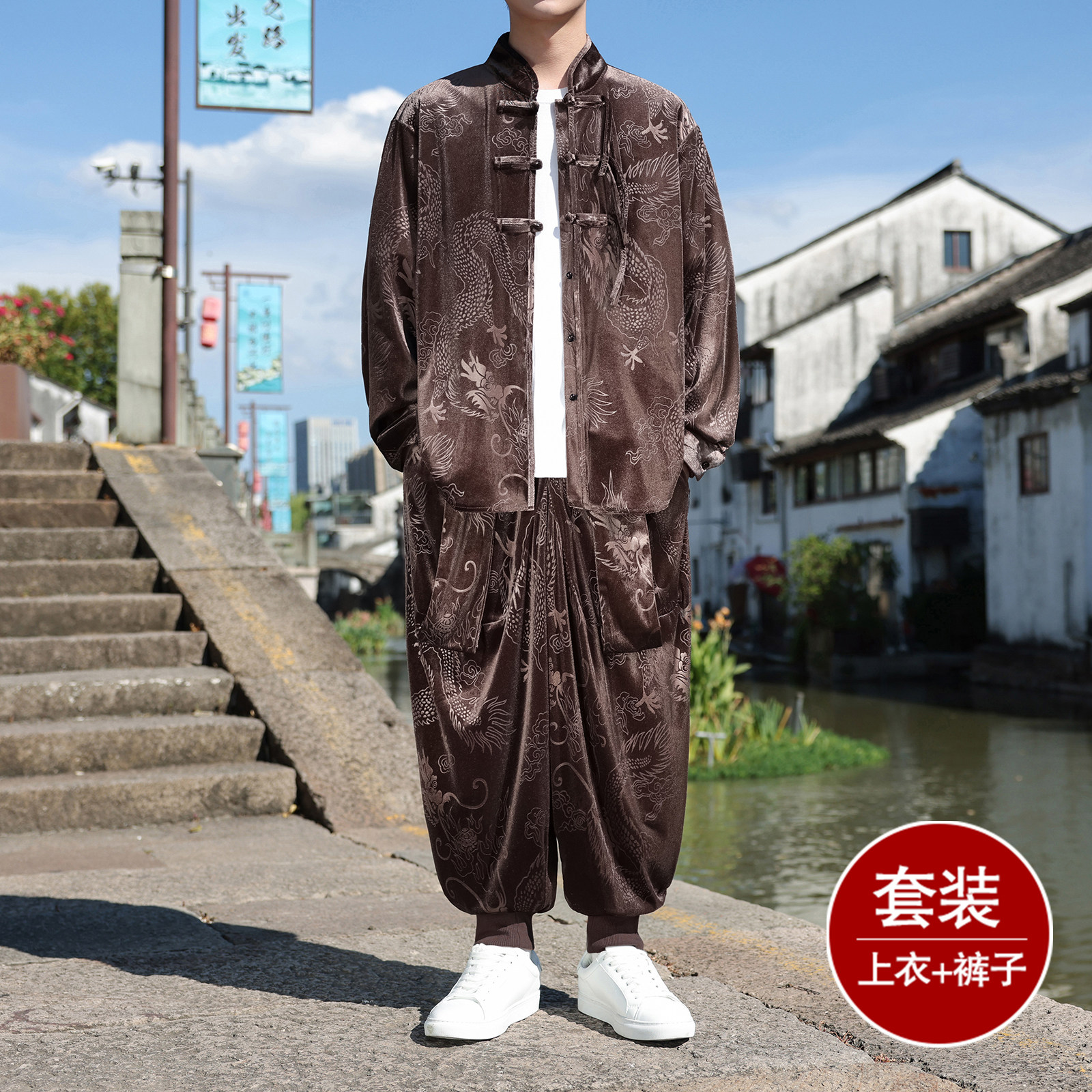 新中式F盘扣龙纹金丝绒外套男哈伦裤飞鼠裤套装男TZ182-P136控158,男装休闲套装,电商A005
